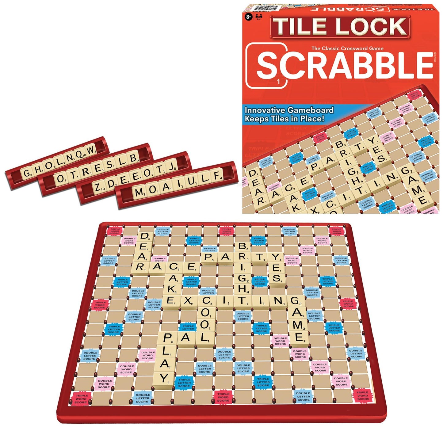 ボードゲーム Tile Lock Scrabble タイルロックシステム搭載 単語作成ゲーム 英語学習 家族団らん 2-4人用 8歳以上 コンパクト設計 旅行用 耐久性プラスチック タイルラック付属 巾着袋 英語説明書輸入英語版 - Trade Center