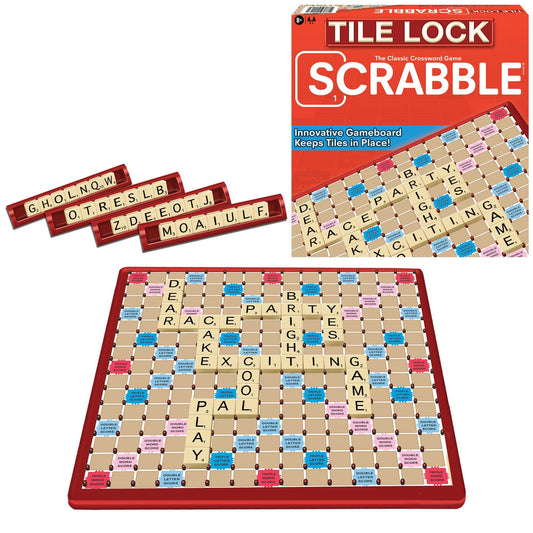 ボードゲーム Tile Lock Scrabble タイルロックシステム搭載 単語作成ゲーム 英語学習 家族団らん 2-4人用 8歳以上 コンパクト設計 旅行用 耐久性プラスチック タイルラック付属 巾着袋 英語説明書輸入英語版 - Trade Center