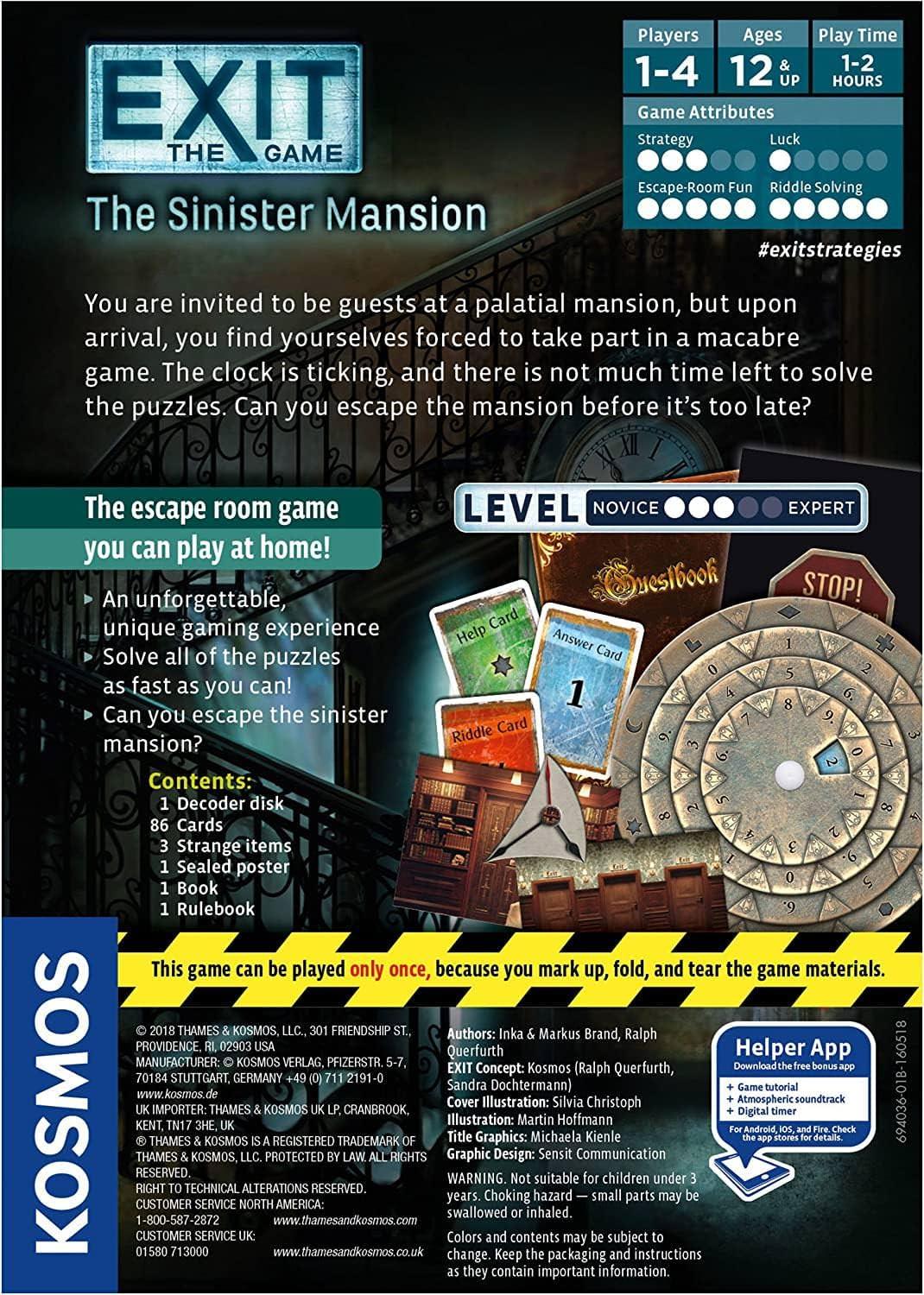 ボードゲーム EXIT The Game 不気味な屋敷 Thames Kosmos 謎解き 協力プレイ 最大4人 一度きりの特別体験 アナログ 脱出ゲーム パズル プレイ時間約1から2時間 難易度中級者向け 知的冒険 没入感 段階ヒント付き 