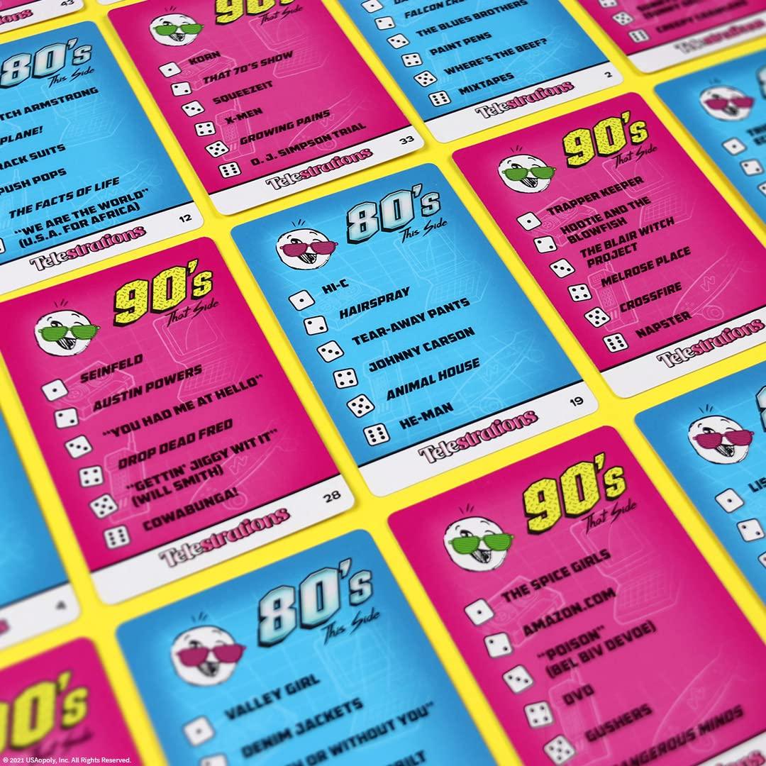 ボードゲーム Telestrations 80's & 90's Expansion Telestrations 80年代 90年代 両面カード仕様 受賞歴 人気お絵描きゲーム 拡張パック 伝言ゲーム 家族 友人 パーティー 文化テーマ 笑い交流 15-30分 プレイ人数六人以上