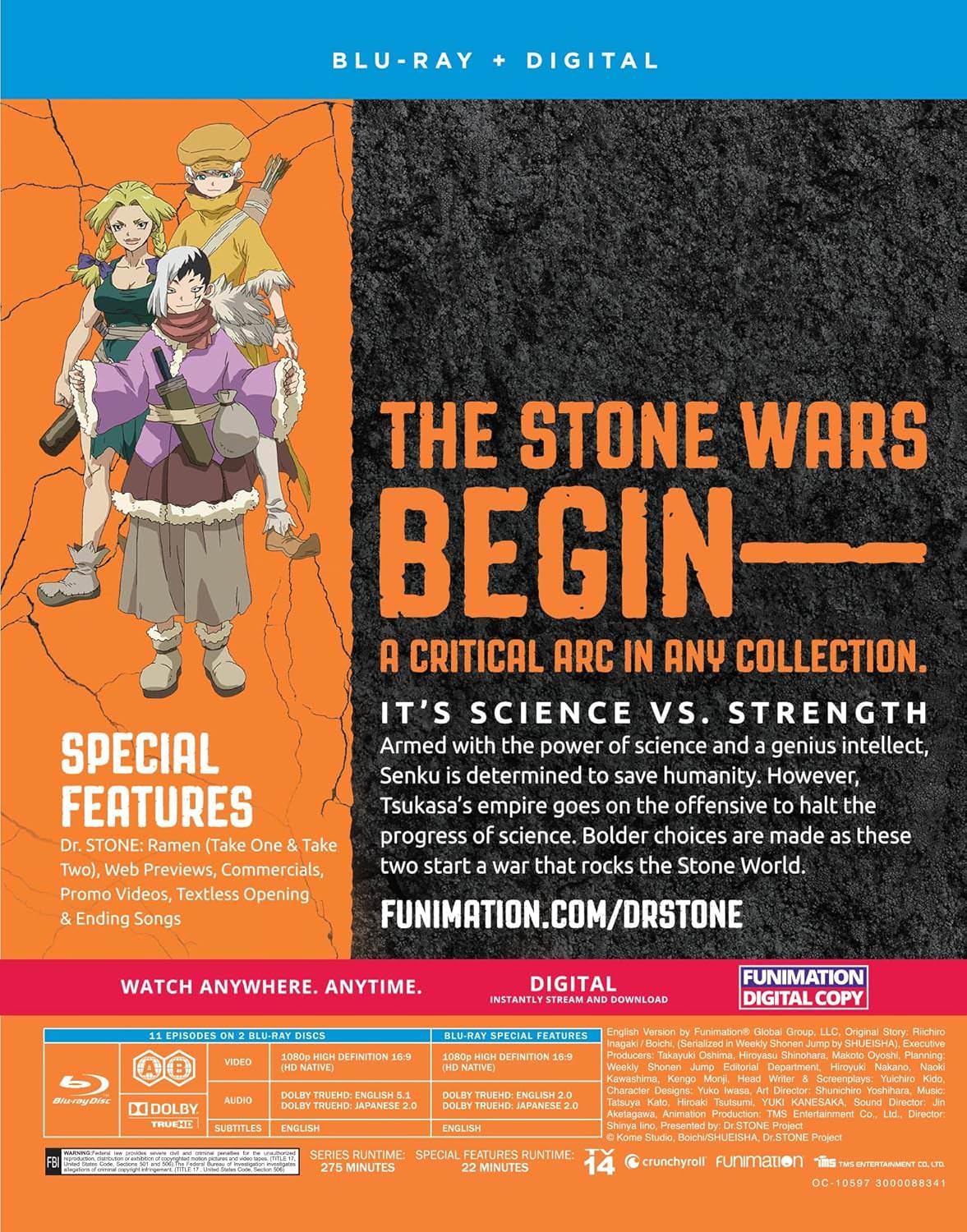 Blu-ray Dr. STONE 第2期 Stone Wars 全11話収録 科学王国 vs 武力帝国 千空率いる科学の力と獅子王司率いる武力帝国の対決 石の世界の命運を賭けた激闘 高画質1080p HD Native 16:9ワイドスクリーン 2枚組ディスク 約275分収録