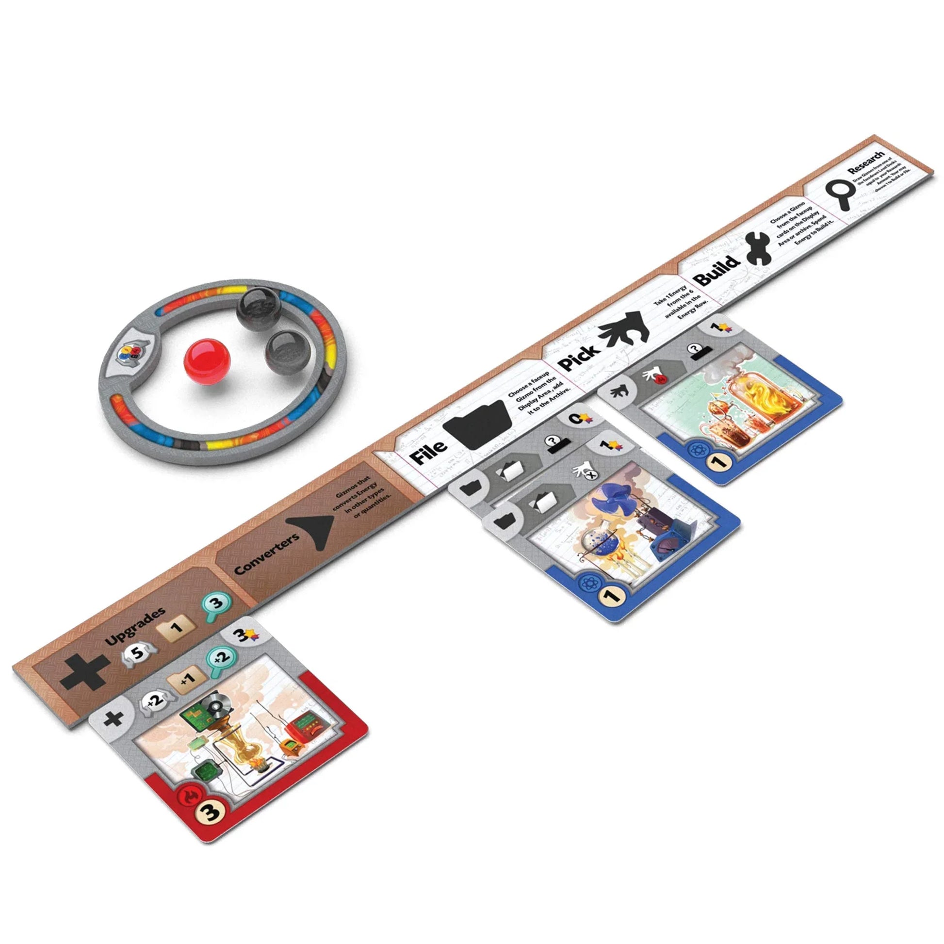 ボードゲーム Gizmos 2nd Edition Gizmos ブランド 科学博覧会 天才発明家 戦略的連鎖反応 エネルギー集め 発明マシン 組み立て コンボ 高いリプレイ性 プレイ時間40から50分 連鎖反応を生み出す戦略ボードゲーム