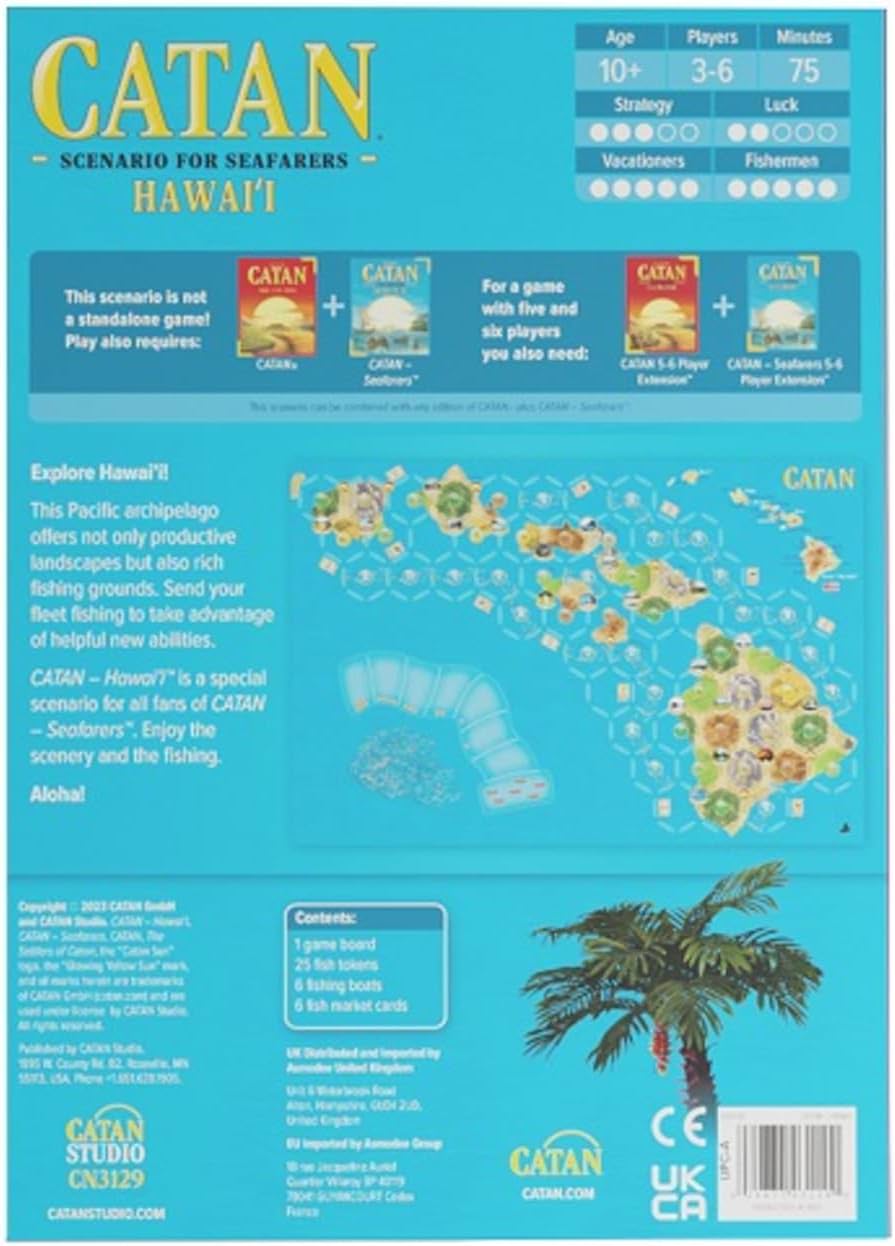 ボードゲーム CATAN Hawai'iシナリオ CATAN Seafarers拡張版 太平洋の楽園 熱帯の島々 戦略的開拓 漁業要素 魚トークン 漁船 魚市場カード ハワイ文化 歴史 英語表記 3-6人用 75分 10歳以上 ストラテジーゲーム