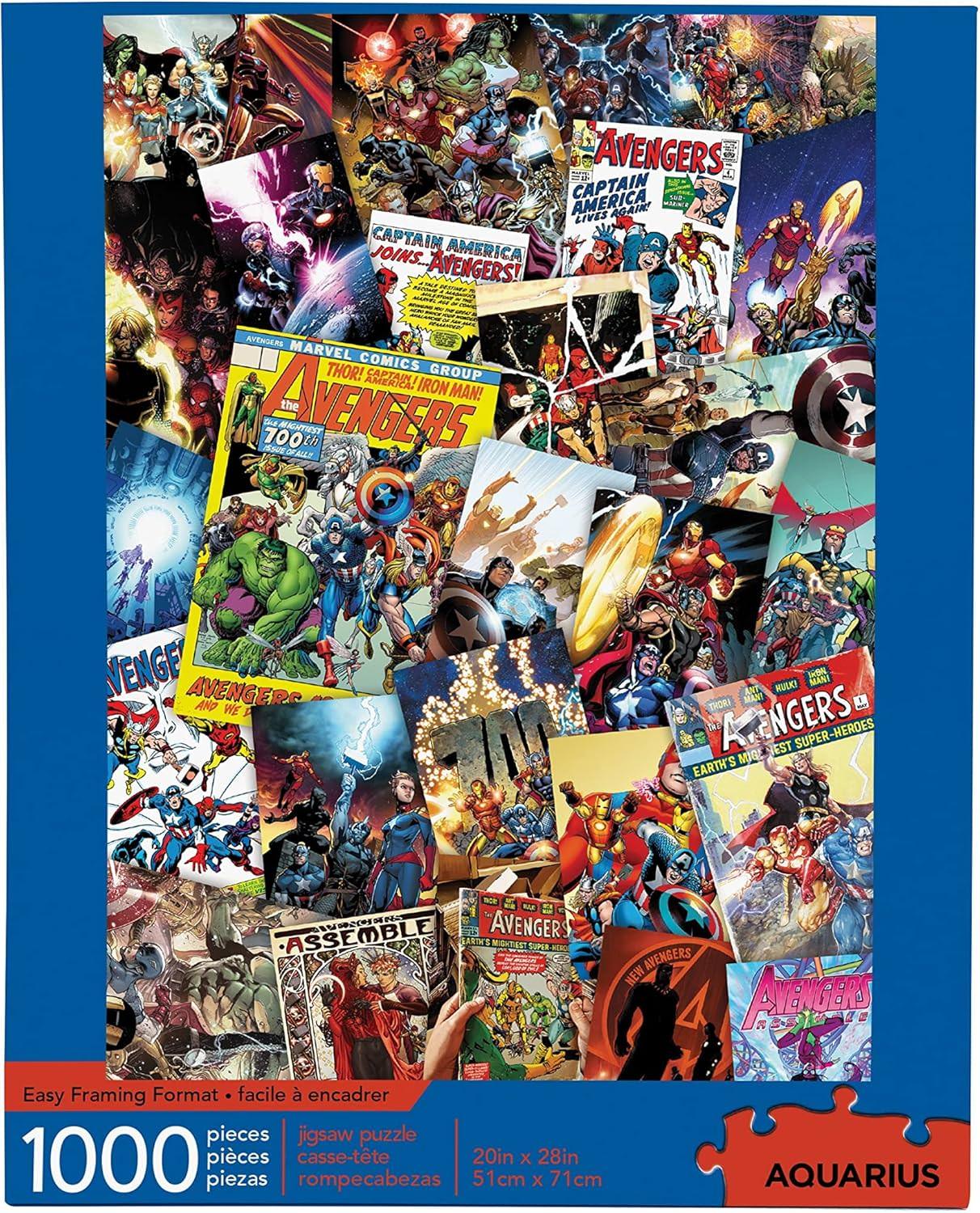 ジグソーパズル マーベル アベンジャーズ コミック コラージュ 1000ピース アクエリアスパズル社 公式ライセンス 高品質 厚みあるピース 精密カット 歴史的コミックカバー 豪華オールスターキャスト 20×27インチサイズ 挑戦的配置