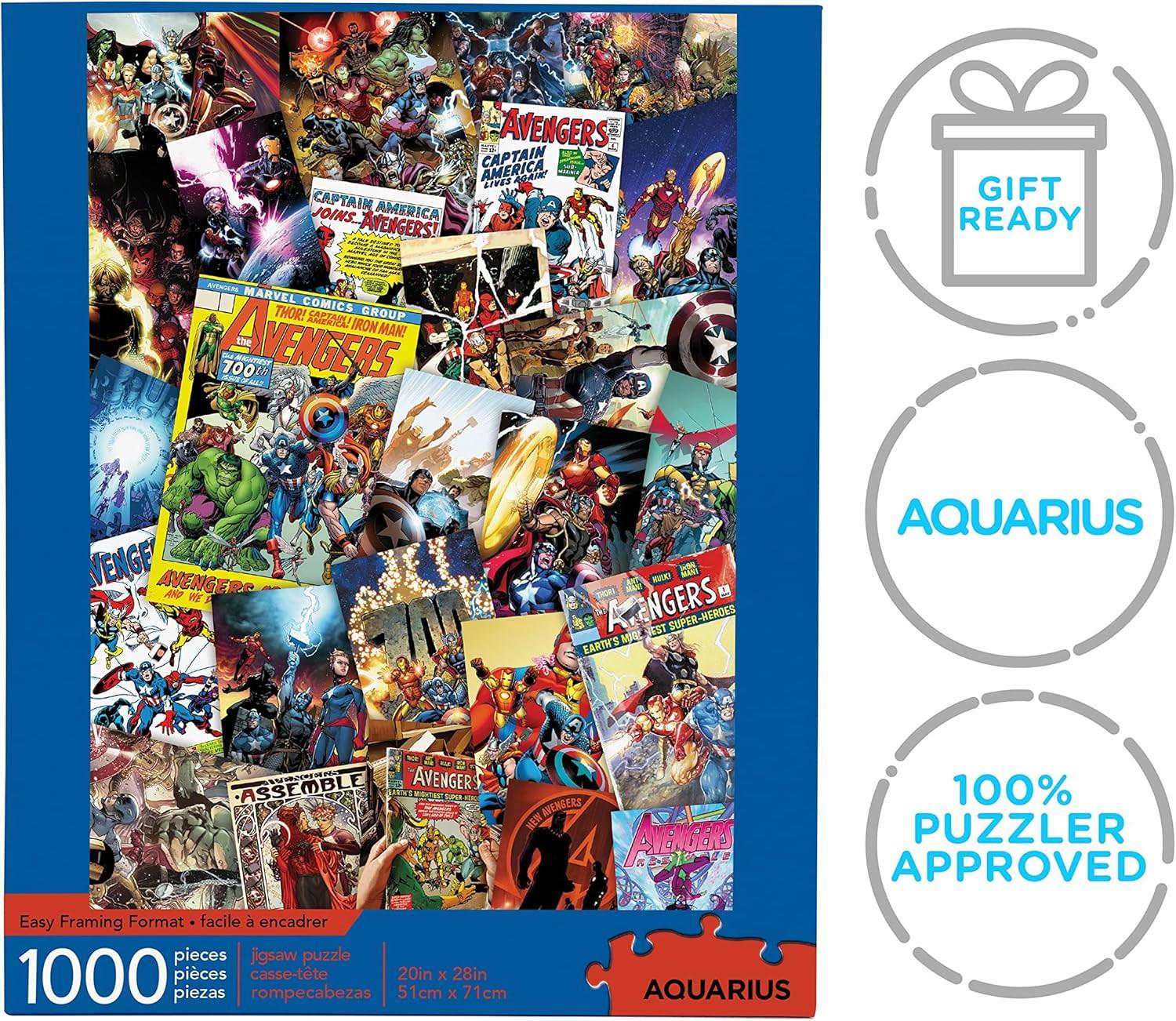 ジグソーパズル マーベル アベンジャーズ コミック コラージュ 1000ピース アクエリアスパズル社 公式ライセンス 高品質 厚みあるピース 精密カット 歴史的コミックカバー 豪華オールスターキャスト 20×27インチサイズ 挑戦的配置
