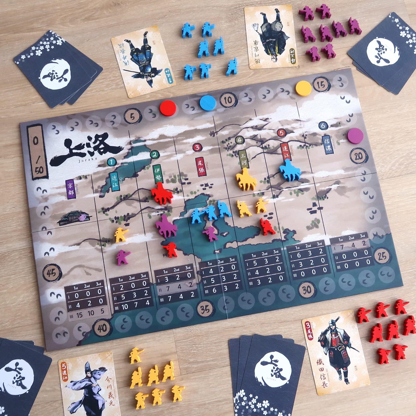 ボードゲーム Joraku 戦国時代の京都で繰り広げられる戦略的トリックテイキングとエリアコントロールの融合 戦国大名として武将を率い勢力拡大を目指す 40-60分で楽しむ2-4人向け 