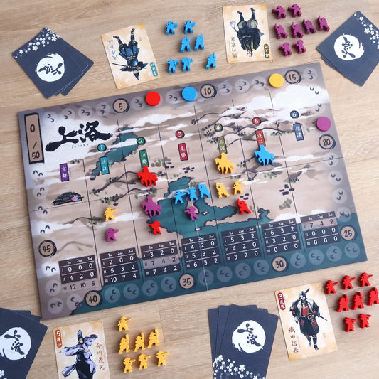 ボードゲーム Joraku 戦国時代の京都で繰り広げられる戦略的トリックテイキングとエリアコントロールの融合 戦国大名として武将を率い勢力拡大を目指す 40-60分で楽しむ2-4人向け 