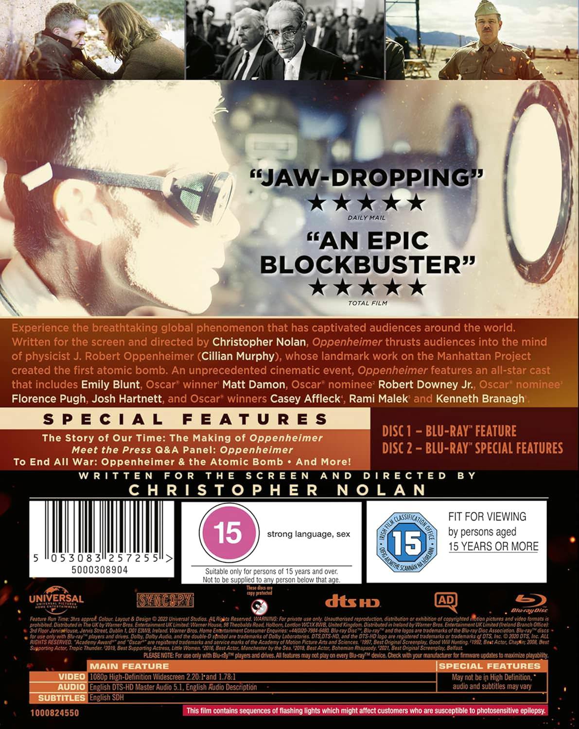 Blu-ray オッペンハイマー クリストファー ノーラン IMAX映像技術 黒白白黒65mmフィルム 音響English DTS-HD Master Audio5.1 特典映像豊富 歴史的傑作 物理学者J・ロバート・オッペンハイマー博士の人生と葛藤描写