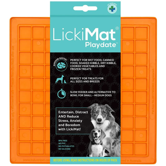 アウトレット品 ペットフードマット LickiMAT プレイデイト LickiMAT 耐久性と安全性を兼ね備えたTPR素材オレンジカラー特殊凹凸パターンによる早食い防止と食事時間延長 知育玩具効果による知的好奇心刺激 小型犬中型犬猫対応 簡単洗浄