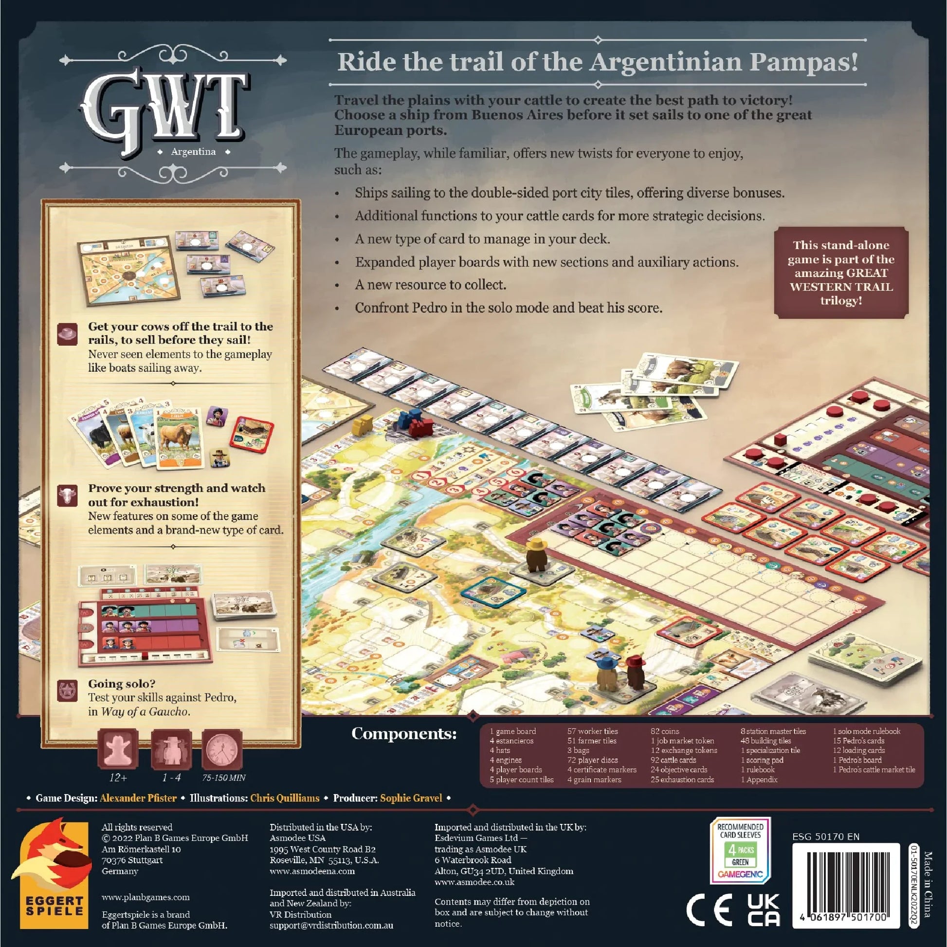 ボードゲーム Great Western Trail Argentina Eggertspiele 19世紀末 アルゼンチン 舞台 戦略的 牧場経営 デッキ構築 ワーカー配置 リソース管理 農家 穀物 強さ 牛カード ショートカット ランダム中立建物 ソロプレイ対応 