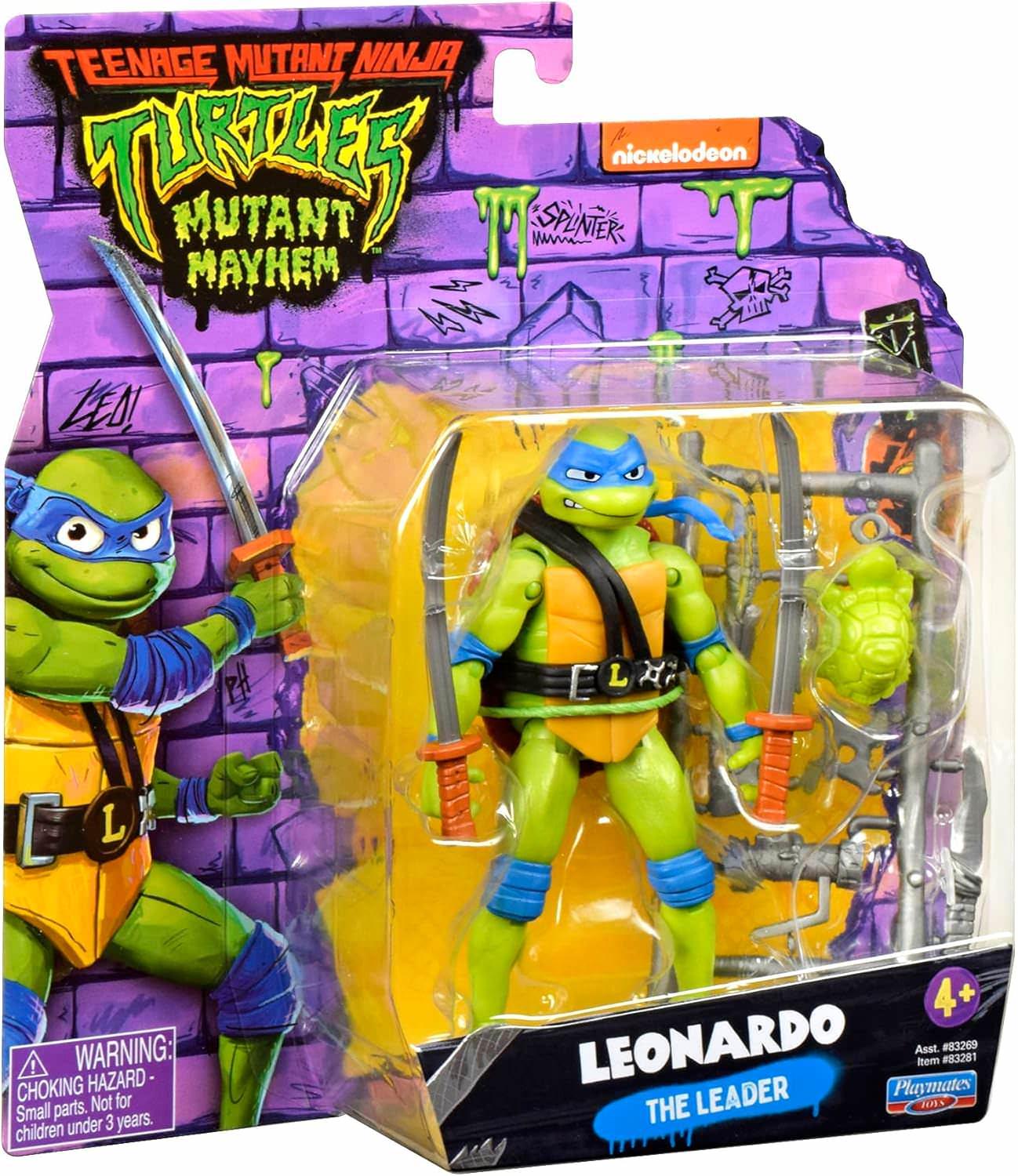 フィギュア TMNT MUTANT MAYHEM LEONARDO プレイメイツトイズ 映画公式アクションフィギュア 11.4cmサイズ 12箇所可動ポイント 双刀武器付属 赤ちゃん亀フィギュア同梱 ブリスターカードパッケージ アニメーション品質精密造形