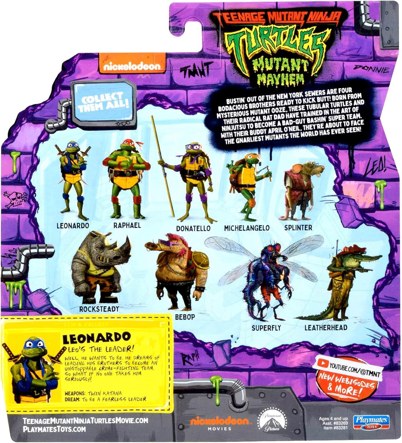 フィギュア TMNT MUTANT MAYHEM LEONARDO プレイメイツトイズ 映画公式アクションフィギュア 11.4cmサイズ 12箇所可動ポイント 双刀武器付属 赤ちゃん亀フィギュア同梱 ブリスターカードパッケージ アニメーション品質精密造形