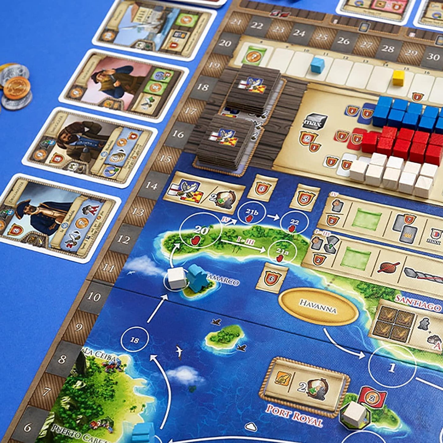 ボードゲーム Maracaibo マラカイボ アレクサンダー・プフィスター 17世紀 カリブ海 航海 冒険 戦略 契約 手札管理 豊富なカード 多様な勝利への道 関係構築 同盟形成 探検 クエスト 