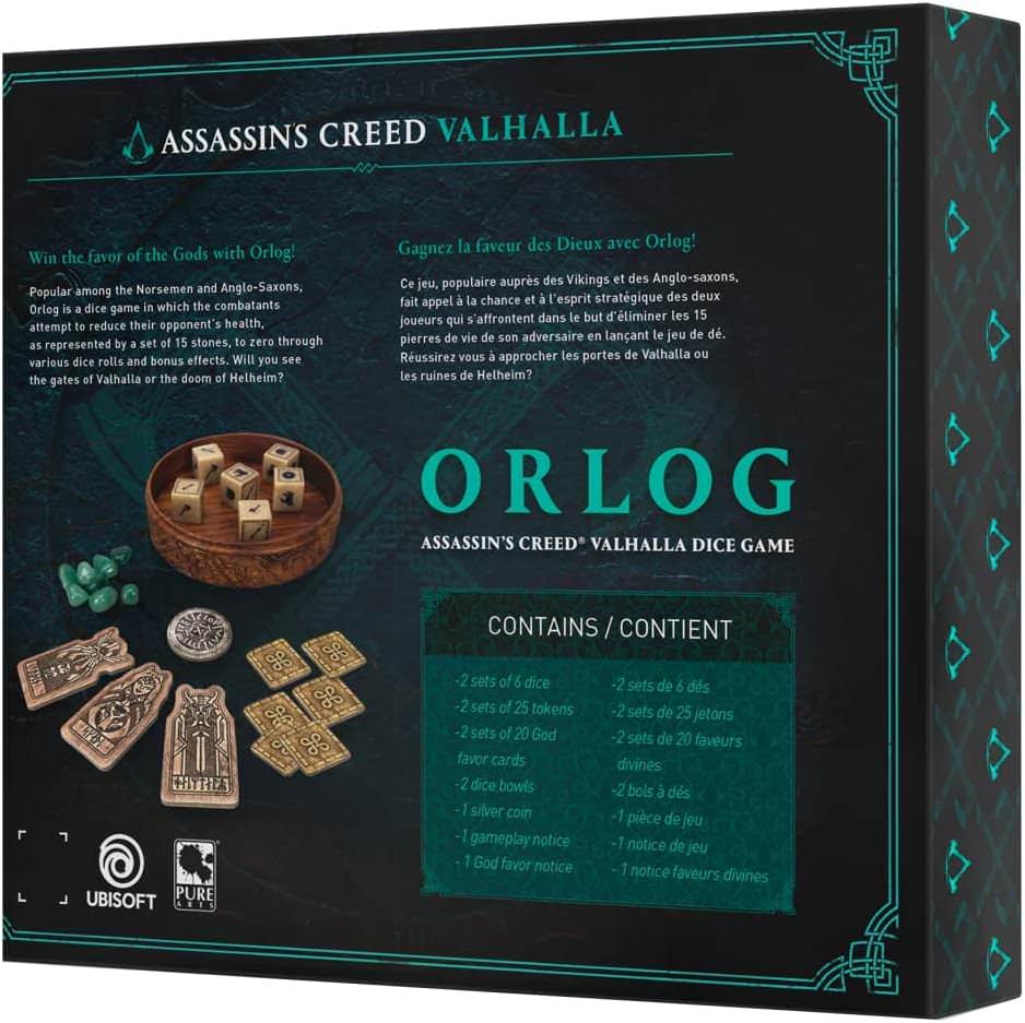 ボードゲーム オルログ アサシンクリード ヴァルハラ 公式ライセンス品 簡単ルール 2人用 15分程度プレイ 古風デザイン 神々の特殊能力 活用 戦略的勝利 運と選択の融合 バイキング雰囲気満載 戦略対戦ゲーム 英語版 日本語説明書なし
