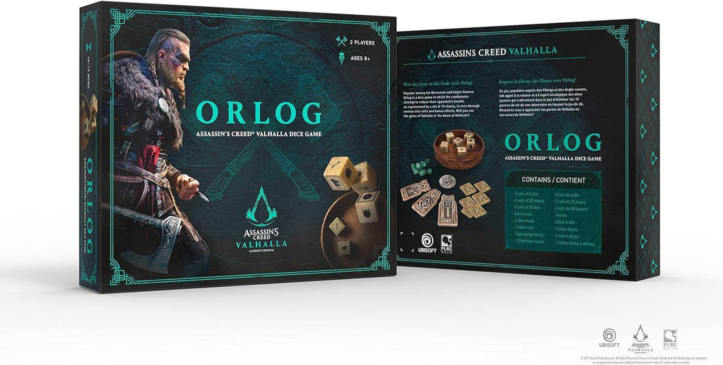ボードゲーム オルログ アサシンクリード ヴァルハラ 公式ライセンス品 簡単ルール 2人用 15分程度プレイ 古風デザイン 神々の特殊能力 活用 戦略的勝利 運と選択の融合 バイキング雰囲気満載 戦略対戦ゲーム 英語版 日本語説明書なし