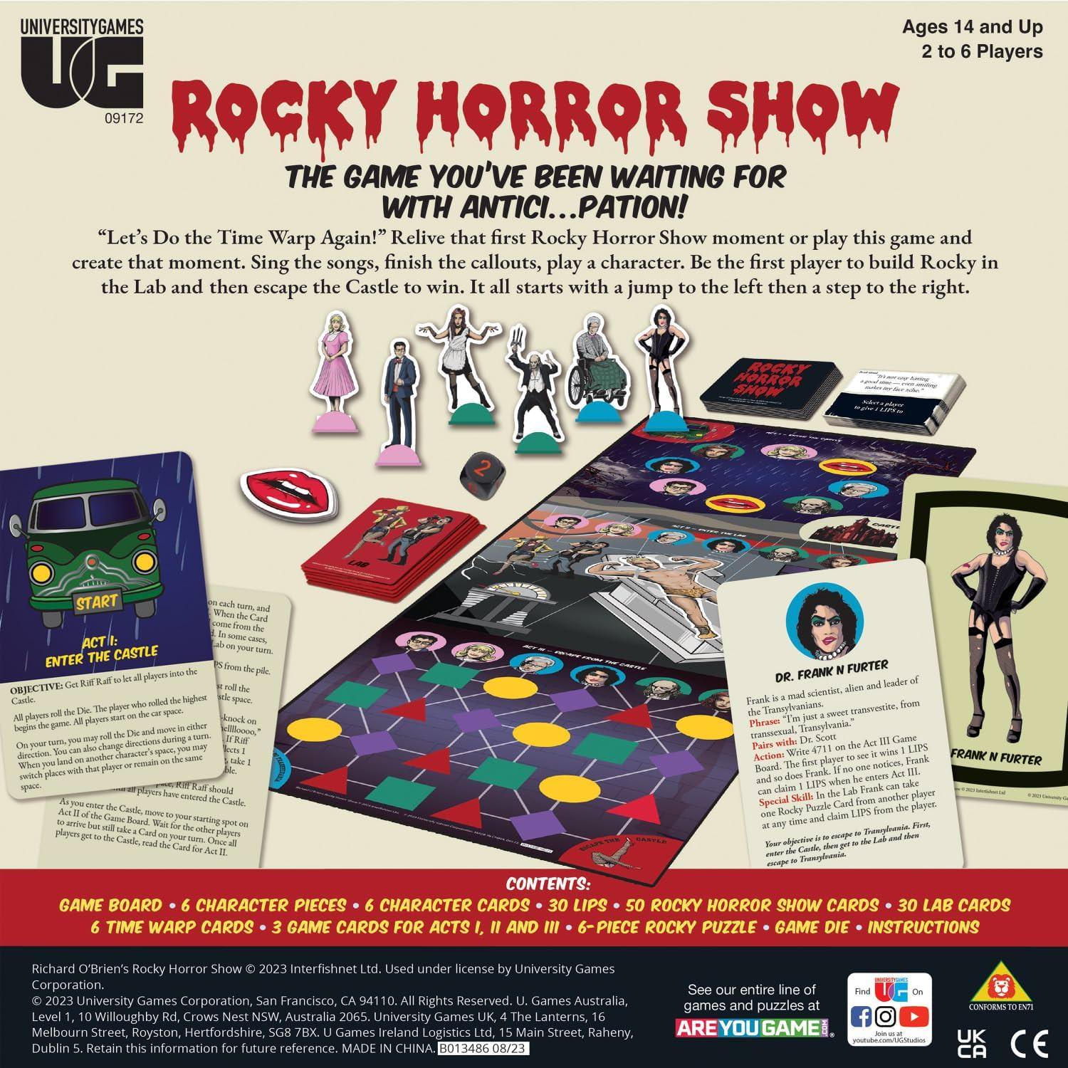 ボードゲーム ロッキー・ホラー・ショー ゲーム University Games 伝説的なカルトクラシック再現 謎解きとパズル 完成目指すロッキー フランクン・フルター城冒険 プレイ人数2から6人 14歳以上推奨 プレイ時間15分以上 