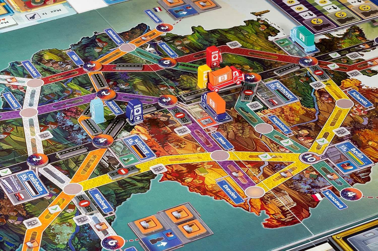 ボードゲーム アウトバーン Autobahn 戦後ドイツ 高速道路建設 経済戦略ゲーム 交通網整備 復興期から現代まで 3つの時代を体験 東西ドイツ統一 東西ネットワーク拡張 多彩なアクション 戦略的手札管理