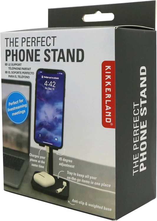 アウトレット品 スマホスタンド ザ パーフェクト フォン スタンド ブラック 人間工学デザイン 高さ三段階調整 充電対応 滑り止めトレー付き モダンデスク整理ブランド