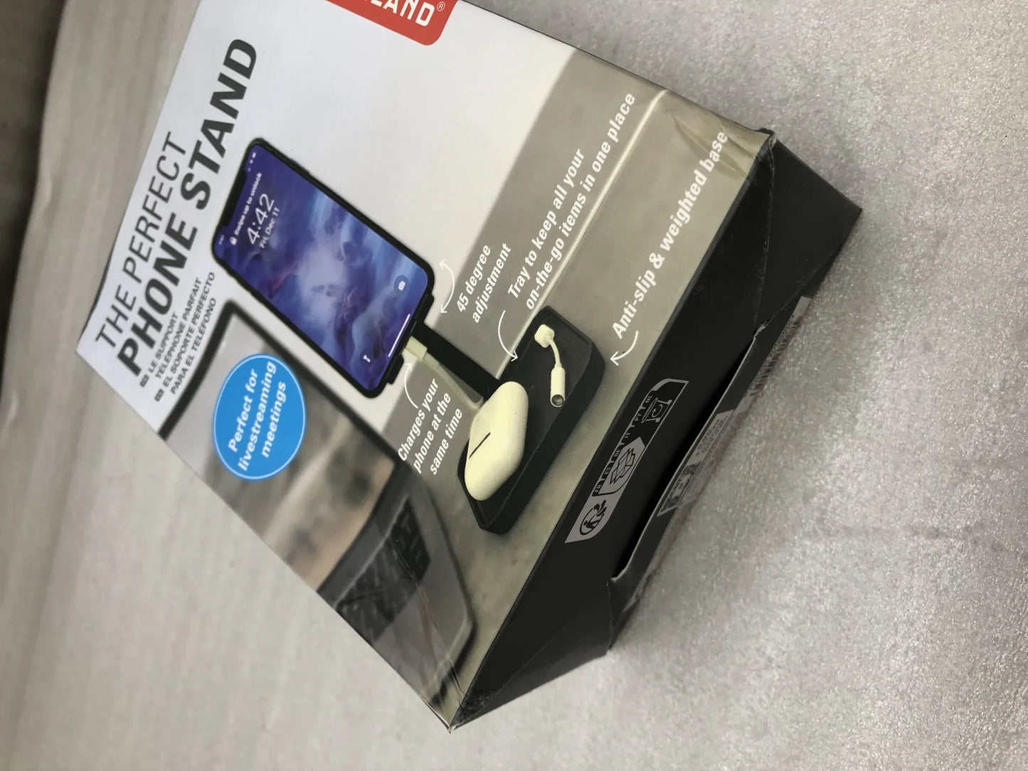 アウトレット品 スマホスタンド ザ パーフェクト フォン スタンド ブラック 人間工学デザイン 高さ三段階調整 充電対応 滑り止めトレー付き モダンデスク整理ブランド
