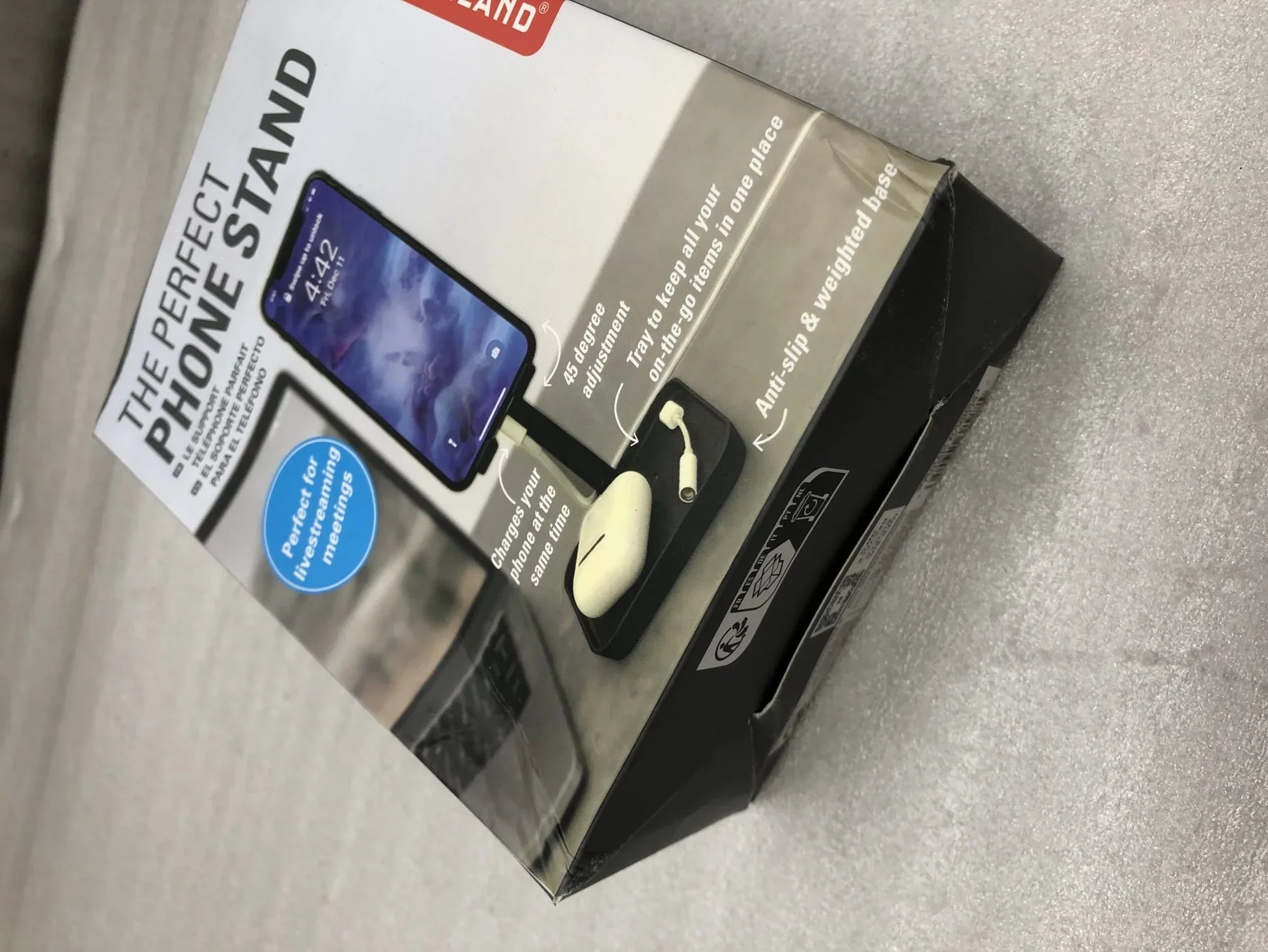 アウトレット品 スマホスタンド ザ パーフェクト フォン スタンド ブラック 人間工学デザイン 高さ三段階調整 充電対応 滑り止めトレー付き モダンデスク整理ブランド