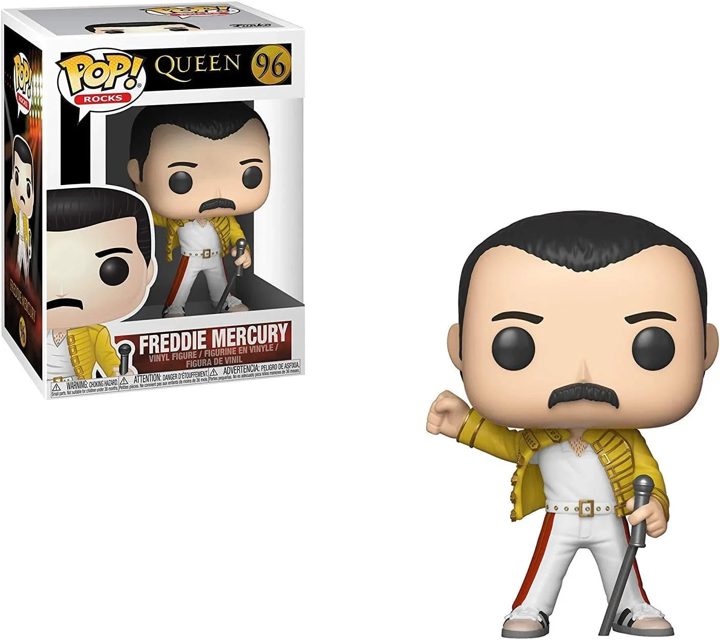 アウトレット品 フィギュア Funko Pop Freddie Mercury 96 Queen ロックバンド フレディマーキュリー 黄色ミリタリー風ジャケット ウェンブリースタジアム1986年ライブ パフォーマンス再現 高さ約9.5cm コレクターズアイテム デフォルメデザイン