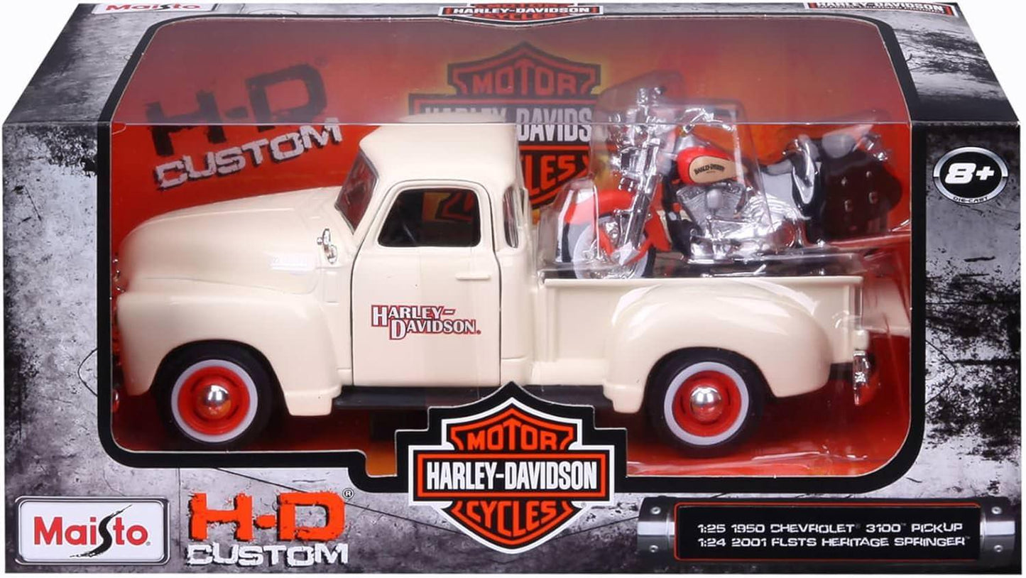 ミニチュア ダイキャストモデル アメリカンカルチャー 1950年シボレー3100ピックアップトラック 1/25スケール 2001年ハーレーダビッドソンFLSTSヘリテイジスプリンガー 1/24スケール MAISTO 高精細ディテール再現 象徴的フロントグリル