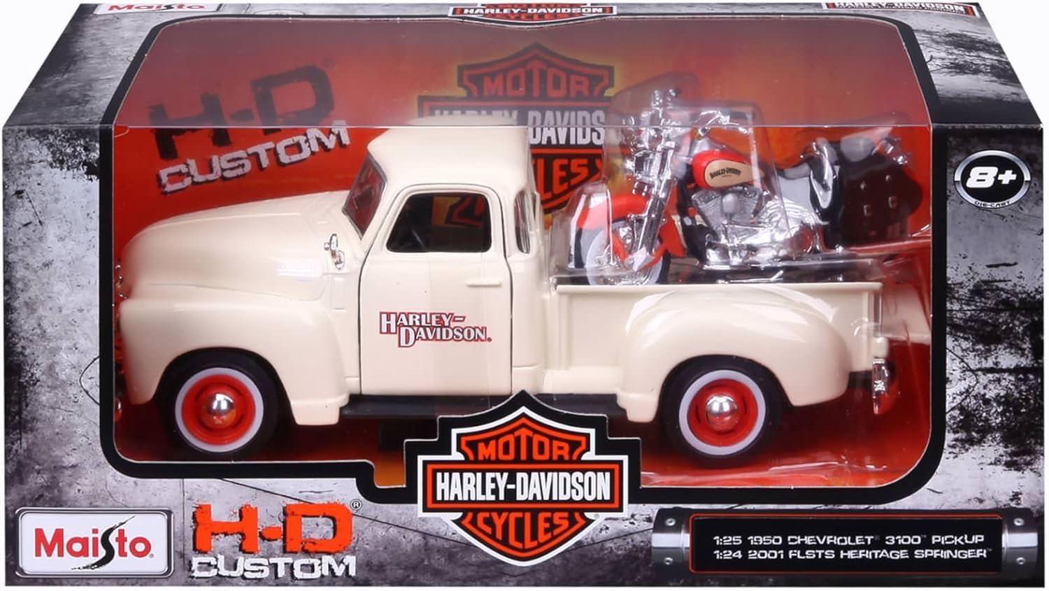 ミニチュア ダイキャストモデル アメリカンカルチャー 1950年シボレー3100ピックアップトラック 1/25スケール 2001年ハーレーダビッドソンFLSTSヘリテイジスプリンガー 1/24スケール MAISTO 高精細ディテール再現 象徴的フロントグリル
