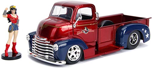 1952 Chevrolet COE Pickup Truck Red and Blue with Wonder Woman Diecast Figure DC Comics Bombshells Series 1/24 Diecast Model Car by Jada 30453